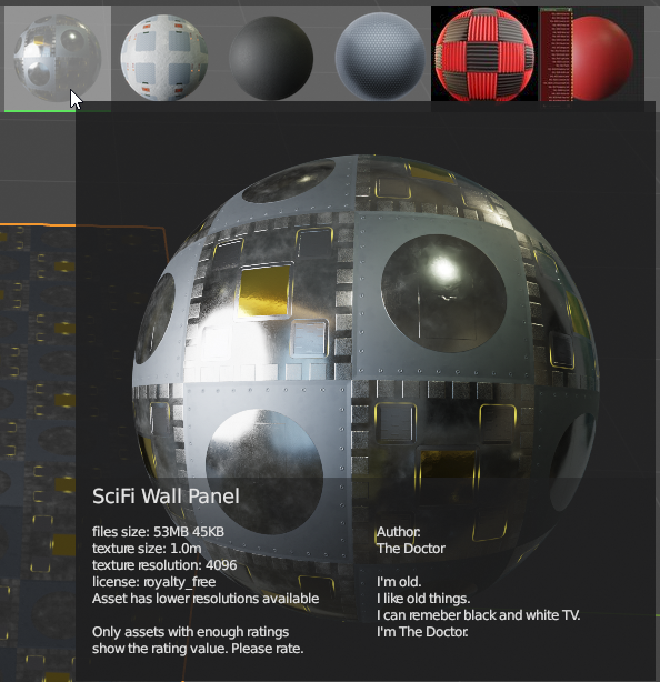 BlenderKit material preview showing SciFi Wall Panel with texture in question GWC_SciFi_Panel_06_base_color