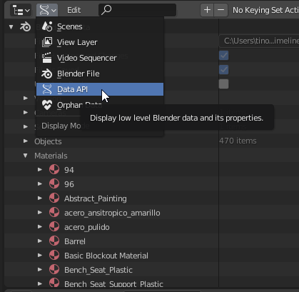 The Data API in Blender that provides a list of all elements in a blender scene such as the materials, textures and objects.